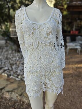 Women’s Unmarked White Fliral Lace Muni Dress Crochet Swim Cover-Up Tunic S